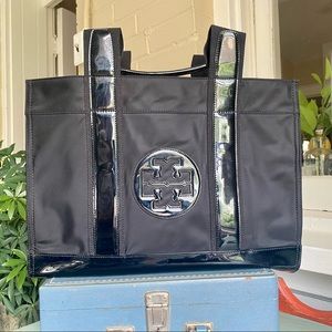 TORY BURCH Ella Black Nylon Patent Leather Tote